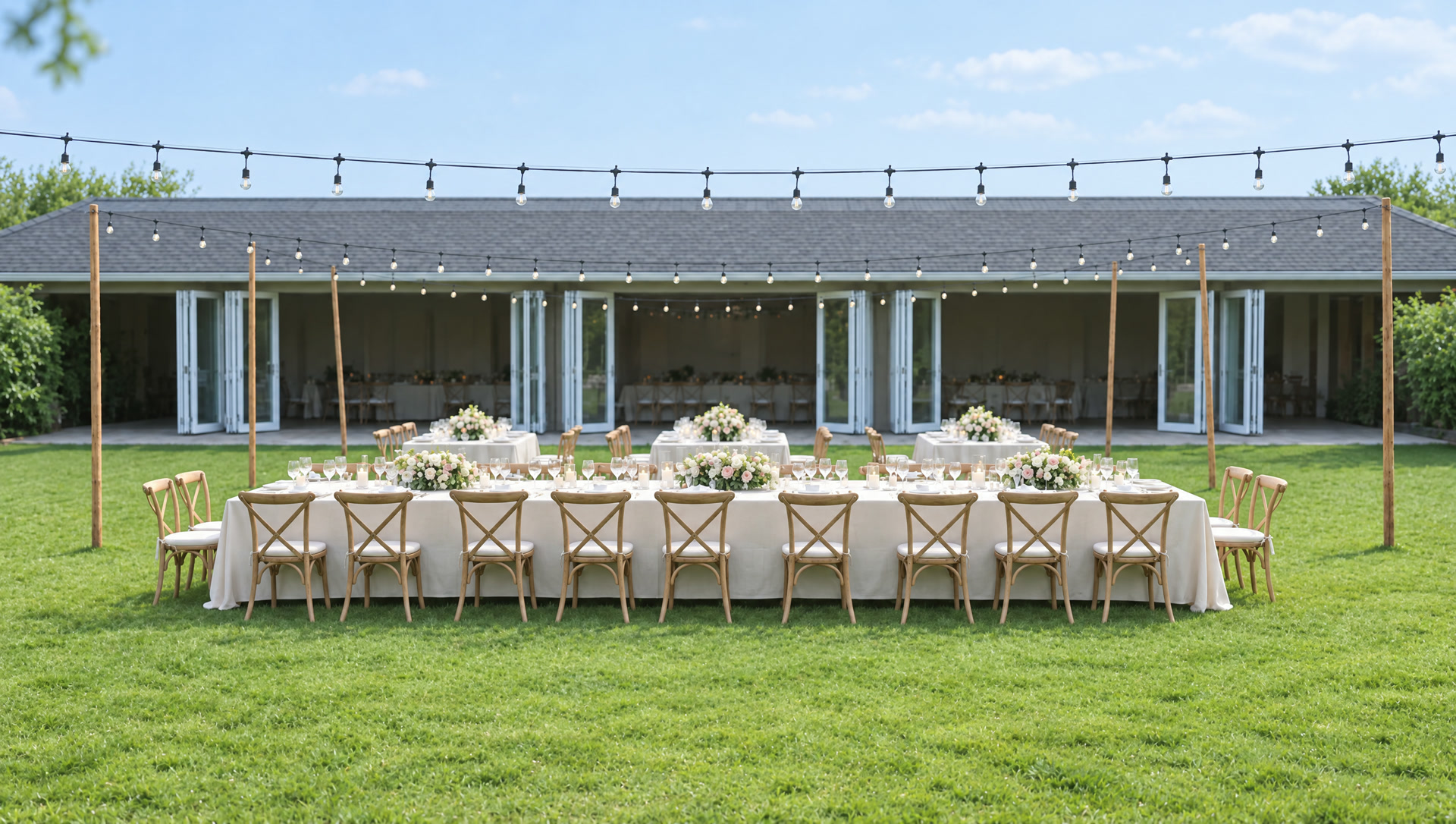 O jardim com a mesa posta durante o dia