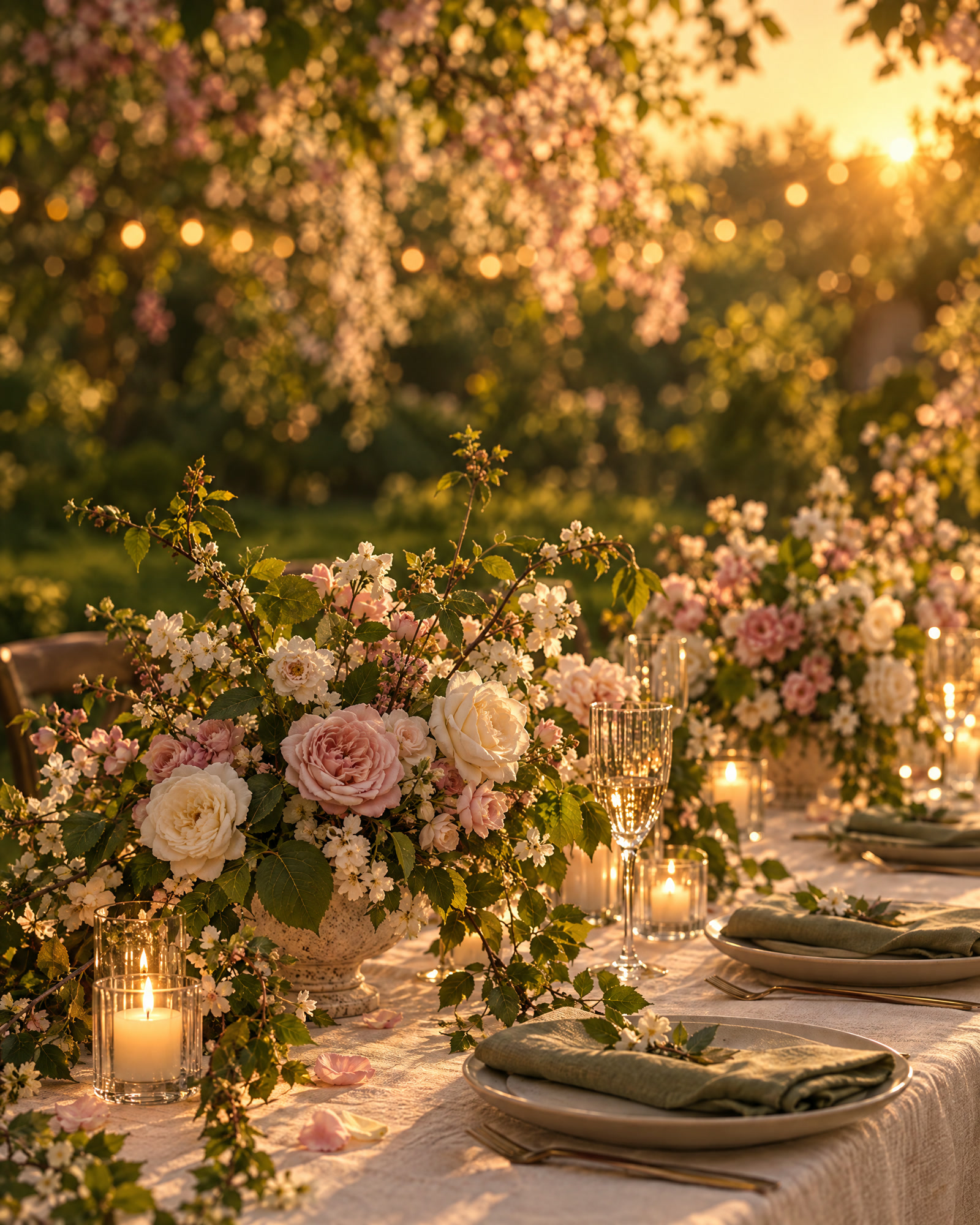 Mesa posta com toalha clara, flores rosadas e velas no jardim