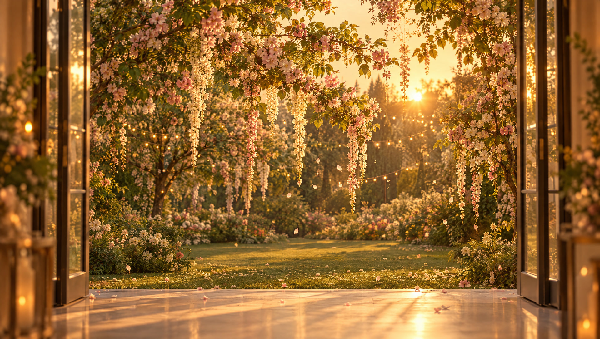 Portas de vidro do salão abertas para o jardim florido no fim da tarde
